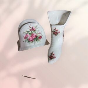 Vintage Athena Napkin Holder & Boot Vase With Pink Flowers Made in U.S.A.